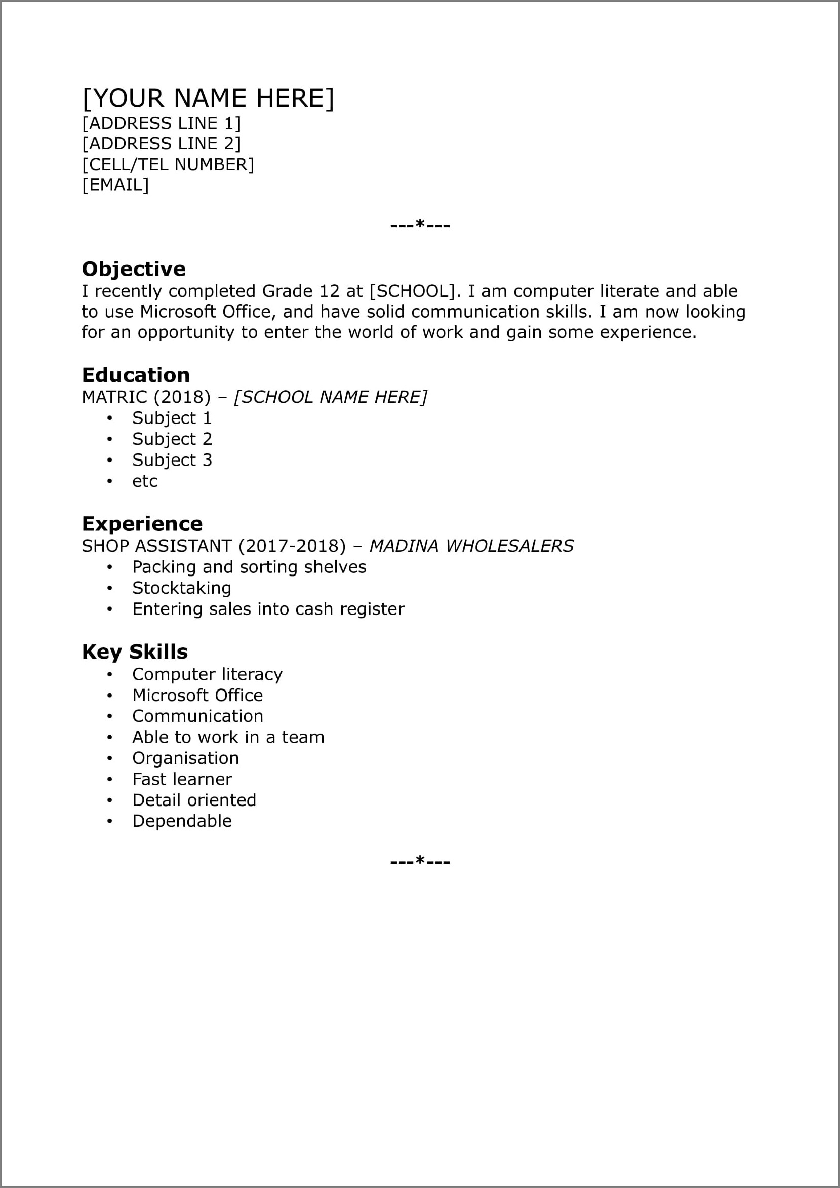 Resume Template For People With No Experience