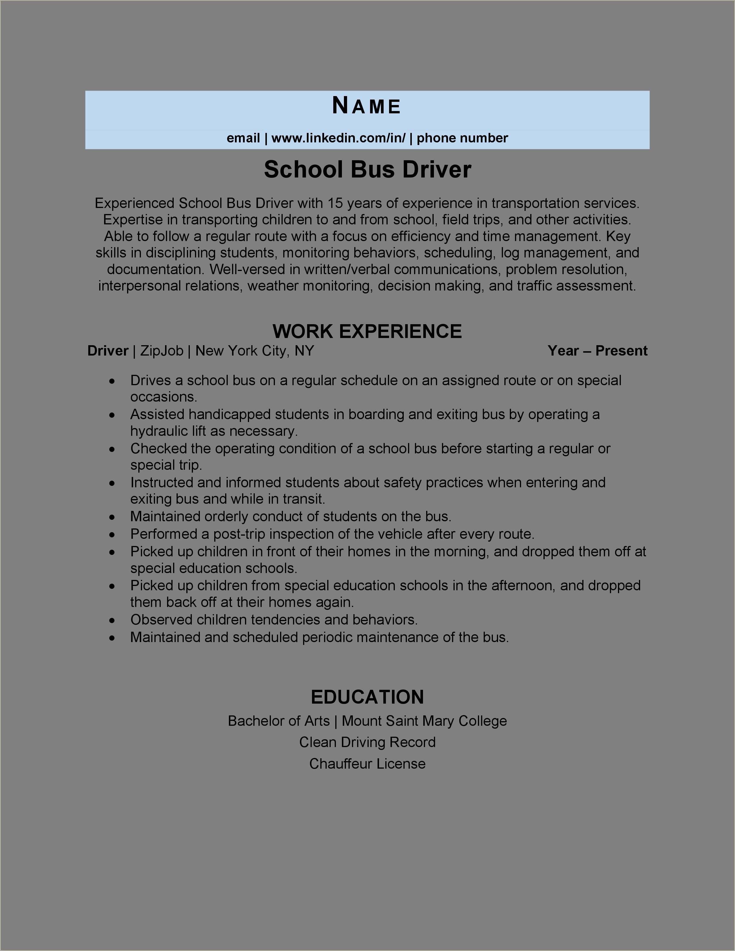 Resume Template For School Bus Driver