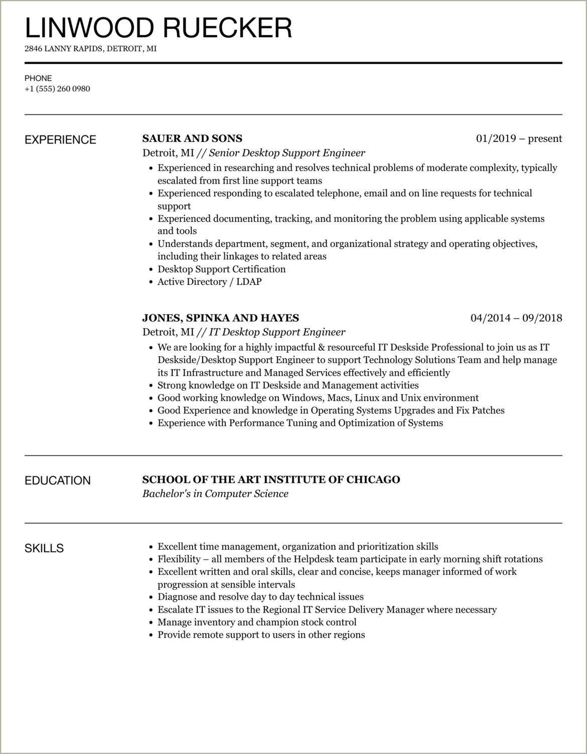 Resume Template For Senior Support Engineer