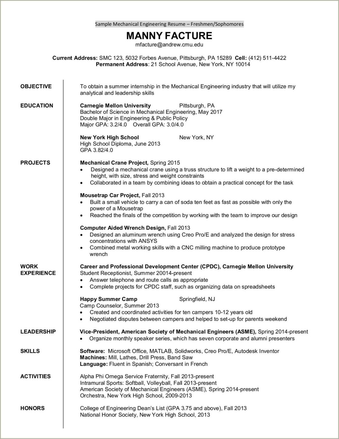 Resume Template For Sophomore College Student