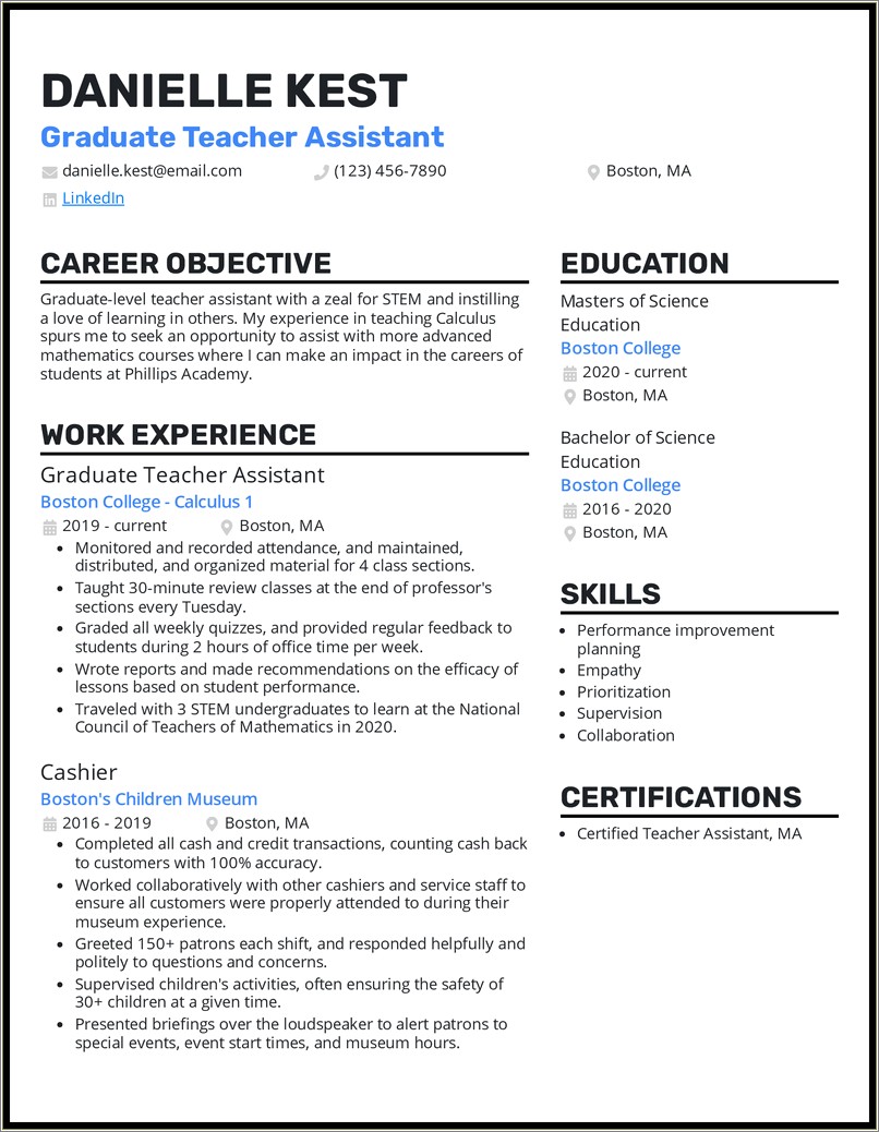 Resume Template For Teacher Assistant Position