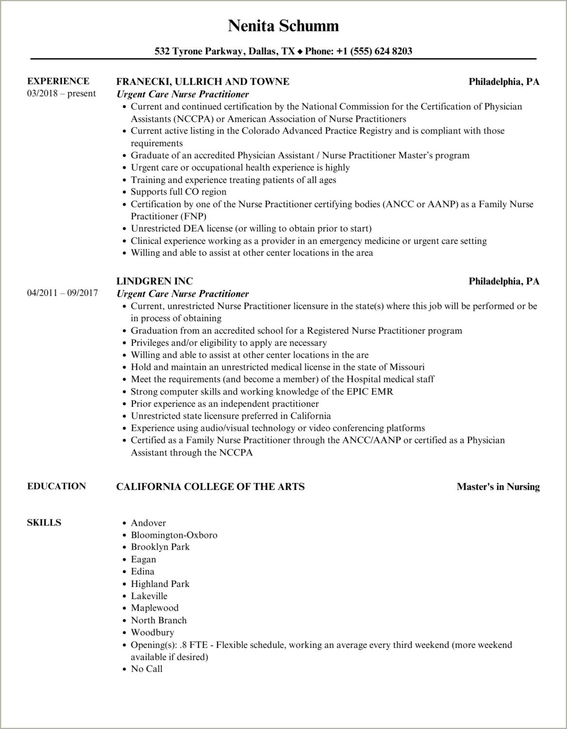 Resume Template For Urgent Care Rn