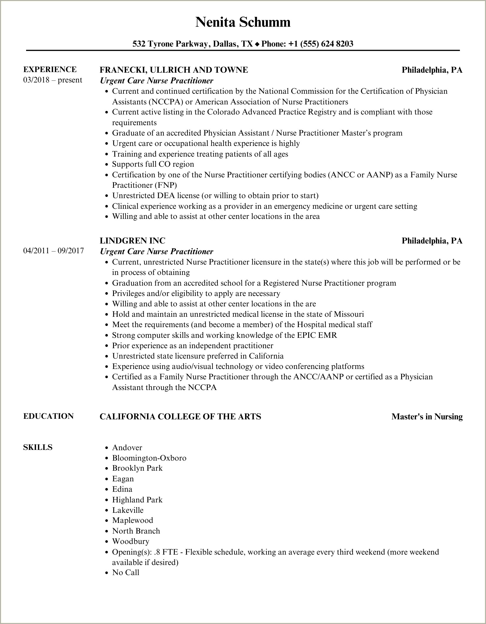 Resume Template For Urgent Care Rn