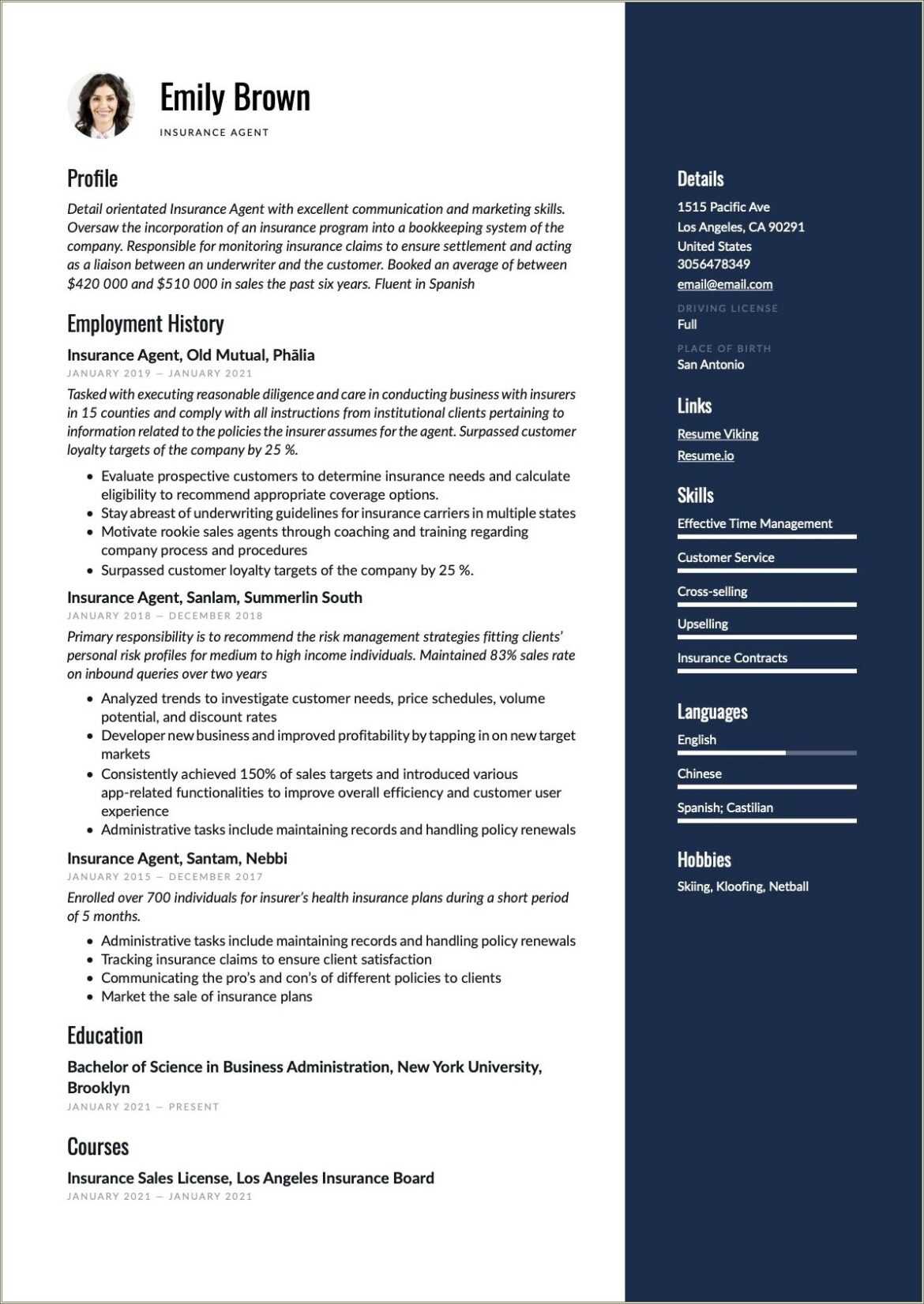 Resume Template Licensed Life And Health Insurance Agent