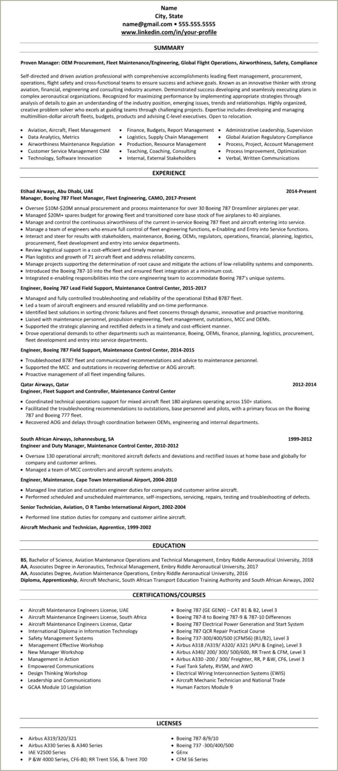 Resume Template Sample For Aviation Engineer