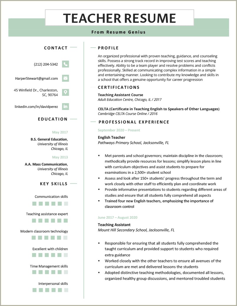 Resume Template To Apply For A School Job