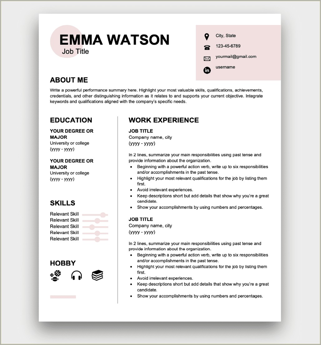 Resume Templates For 1 Job Only