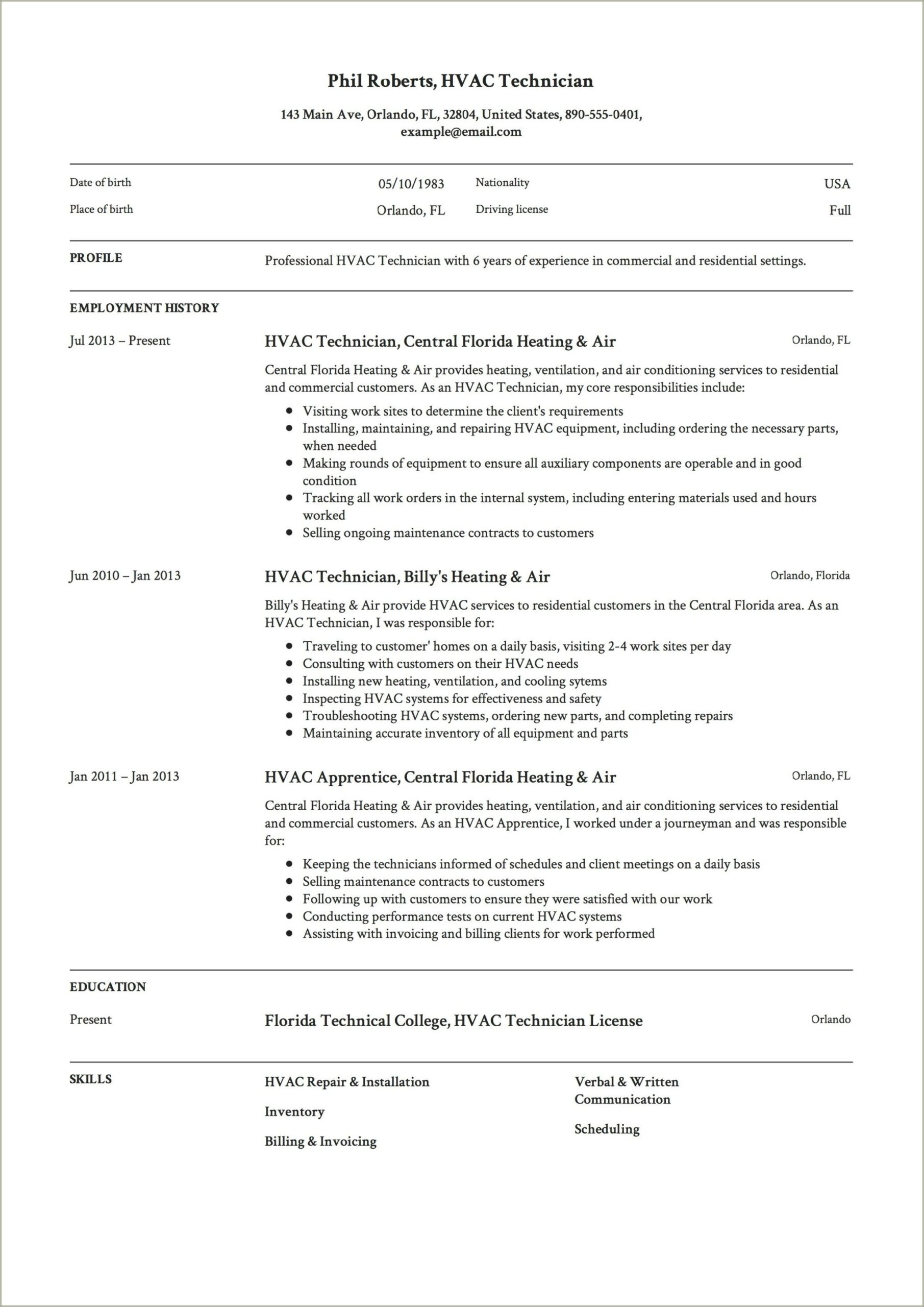 Resume Templates For Air Conditioning Service Tech