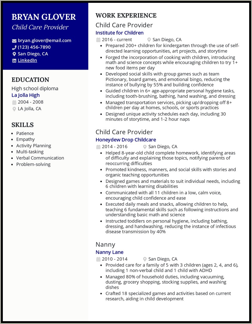 Resume Templates For Child Care Provider