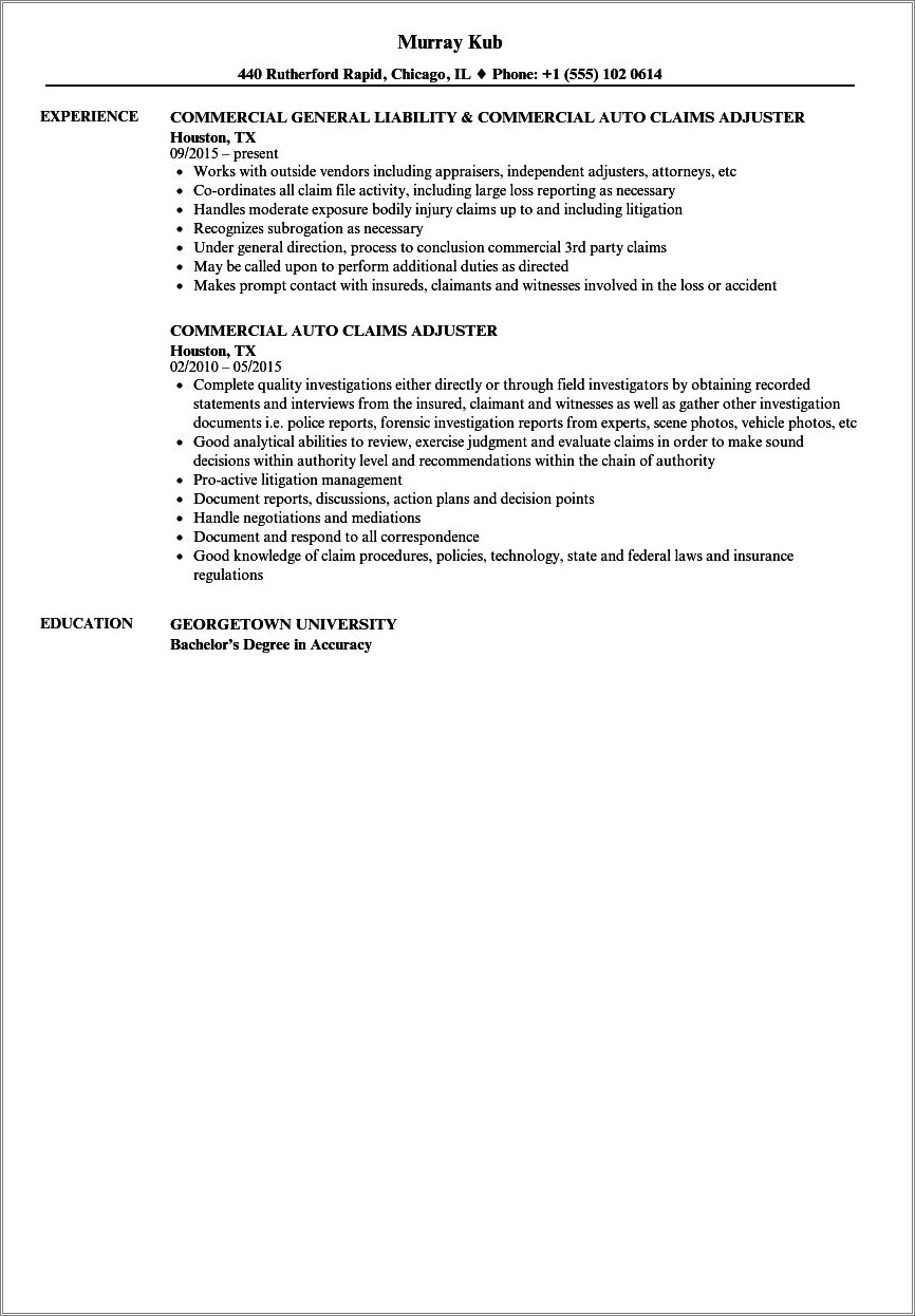 Resume Templates For Insurance Claims Adjuster