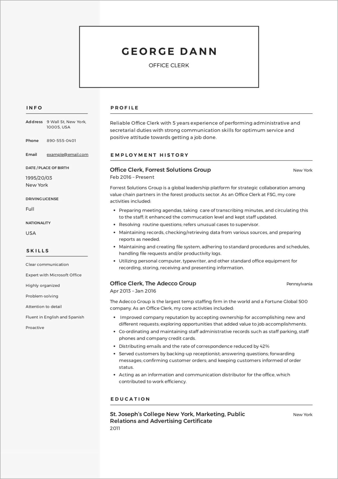 Resume Templates For Office Clerical Positions