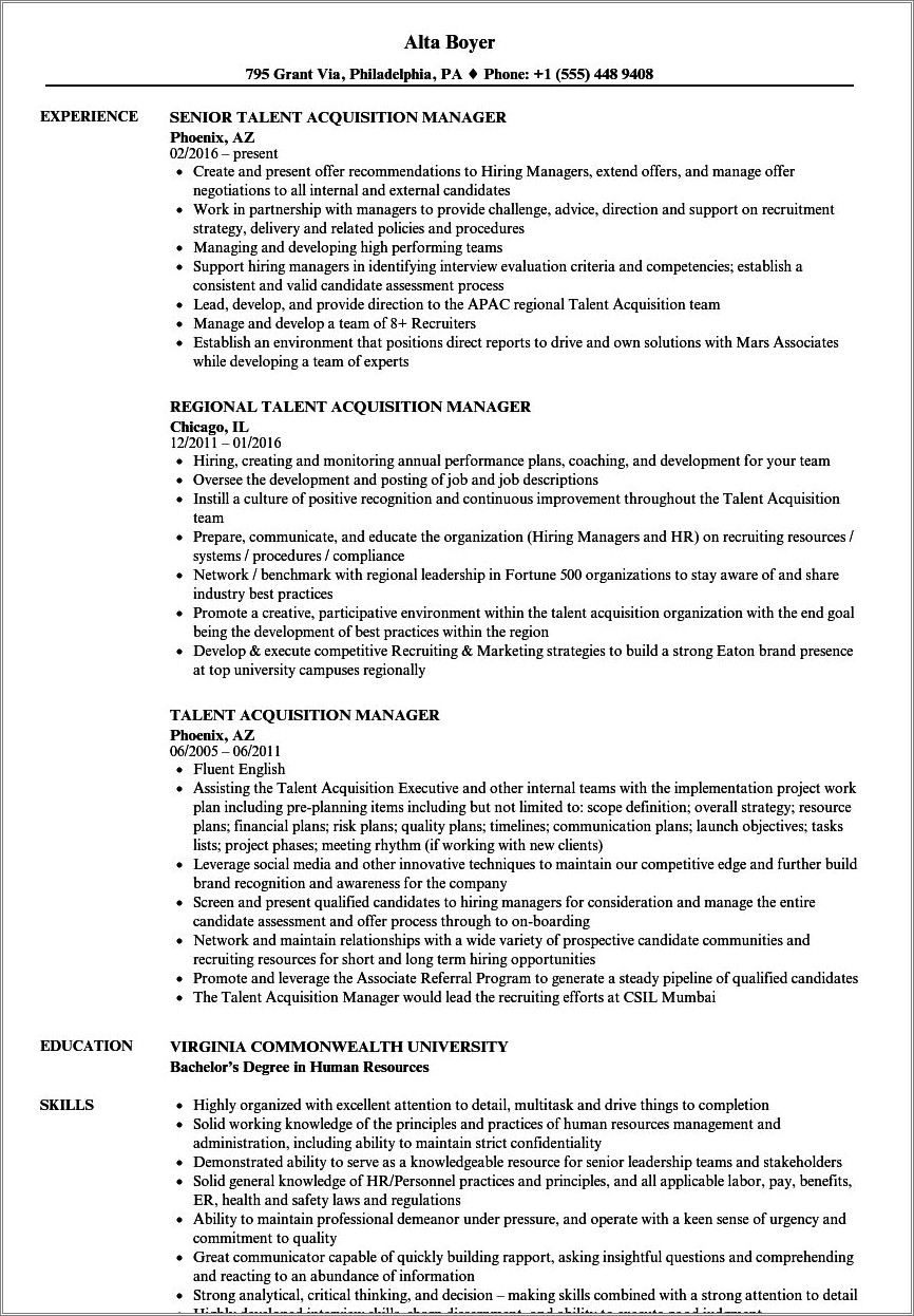 Resume Templates For Talent Acquition Manager