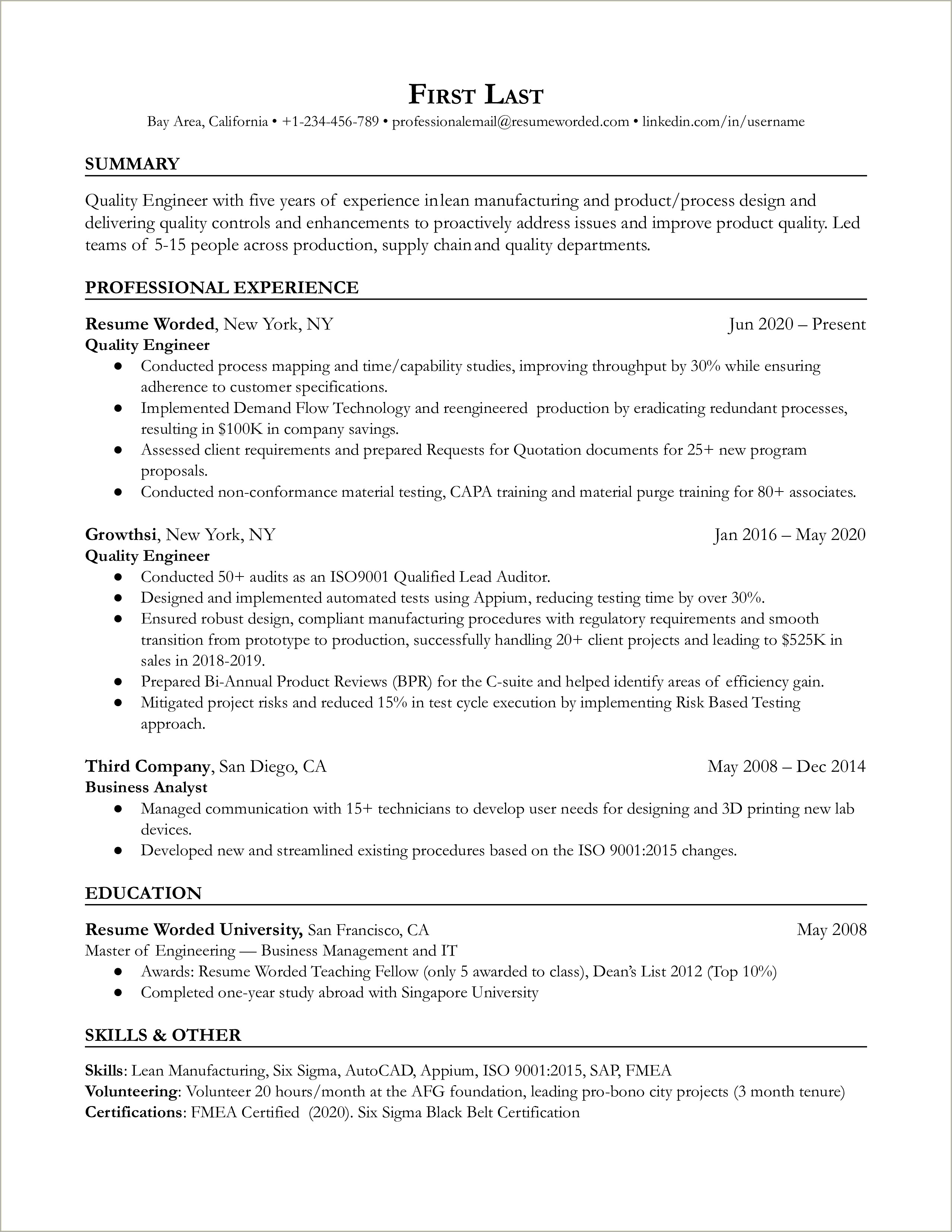 Resume Templates For Test Engineer