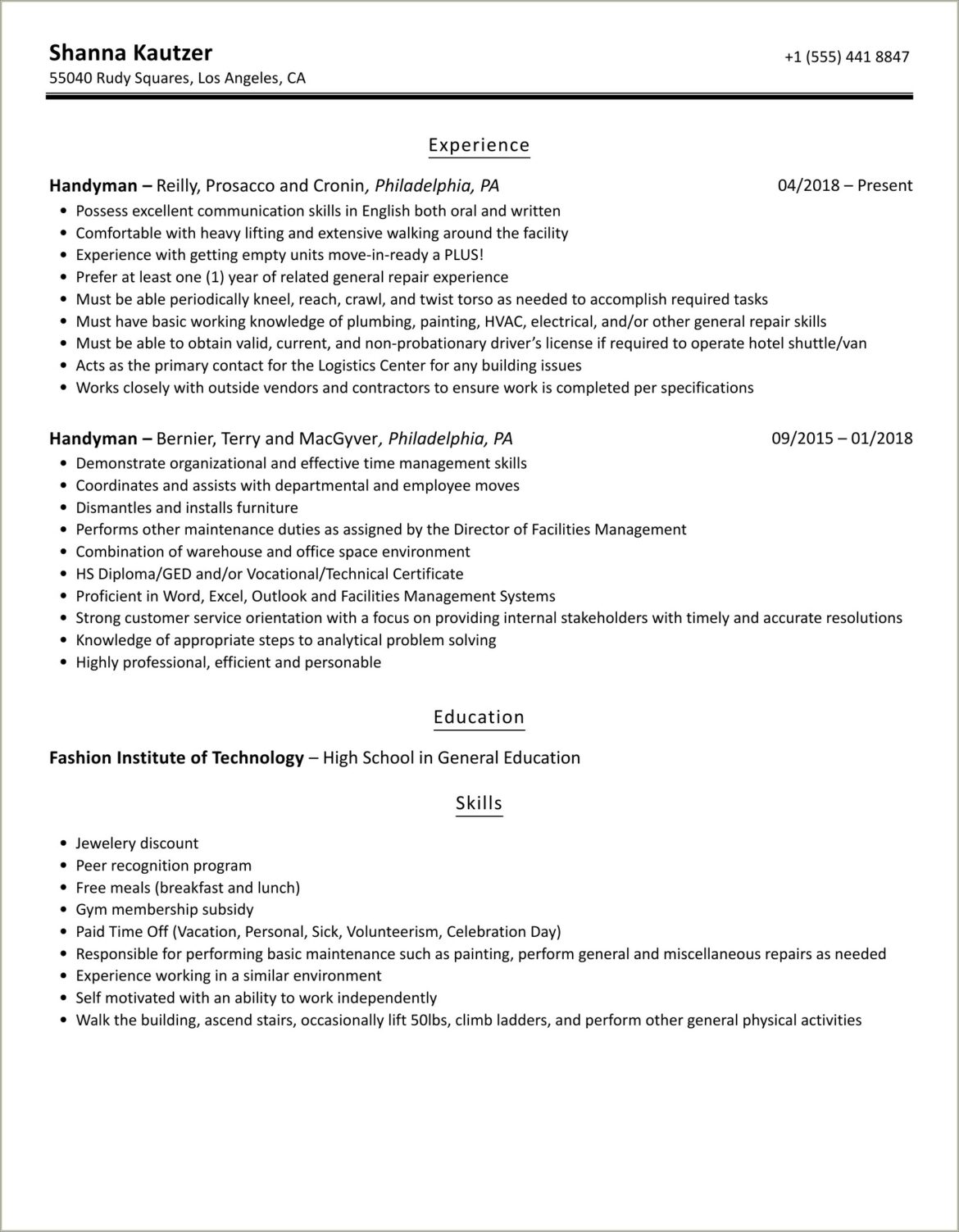 Resume Templates Word Free Download Handyman