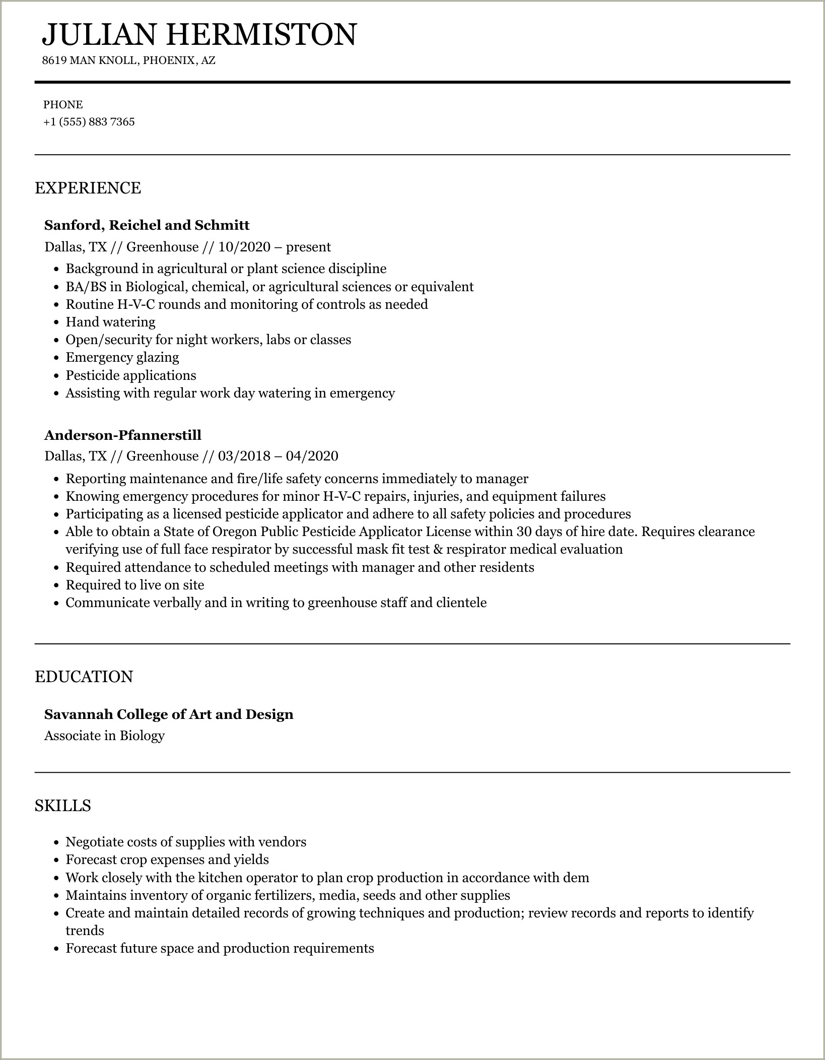 Resume Title Examples For Greenhouse Worker