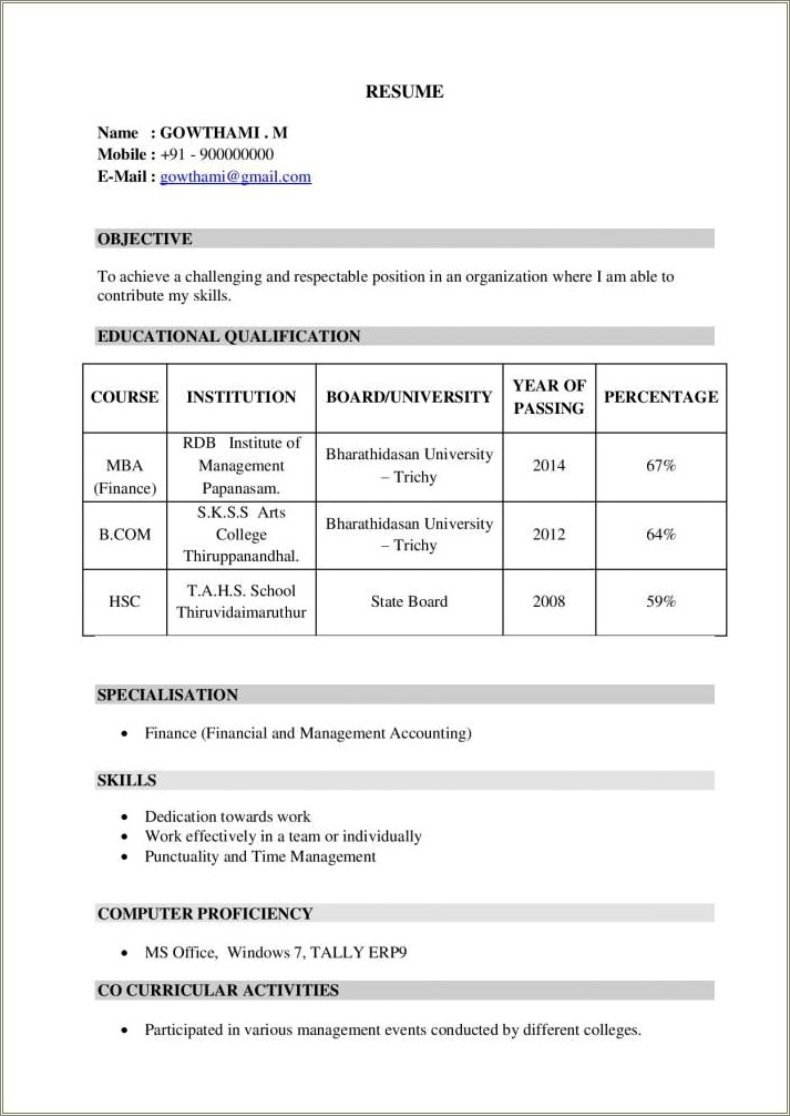 Resume Title Examples For Mba Freshers