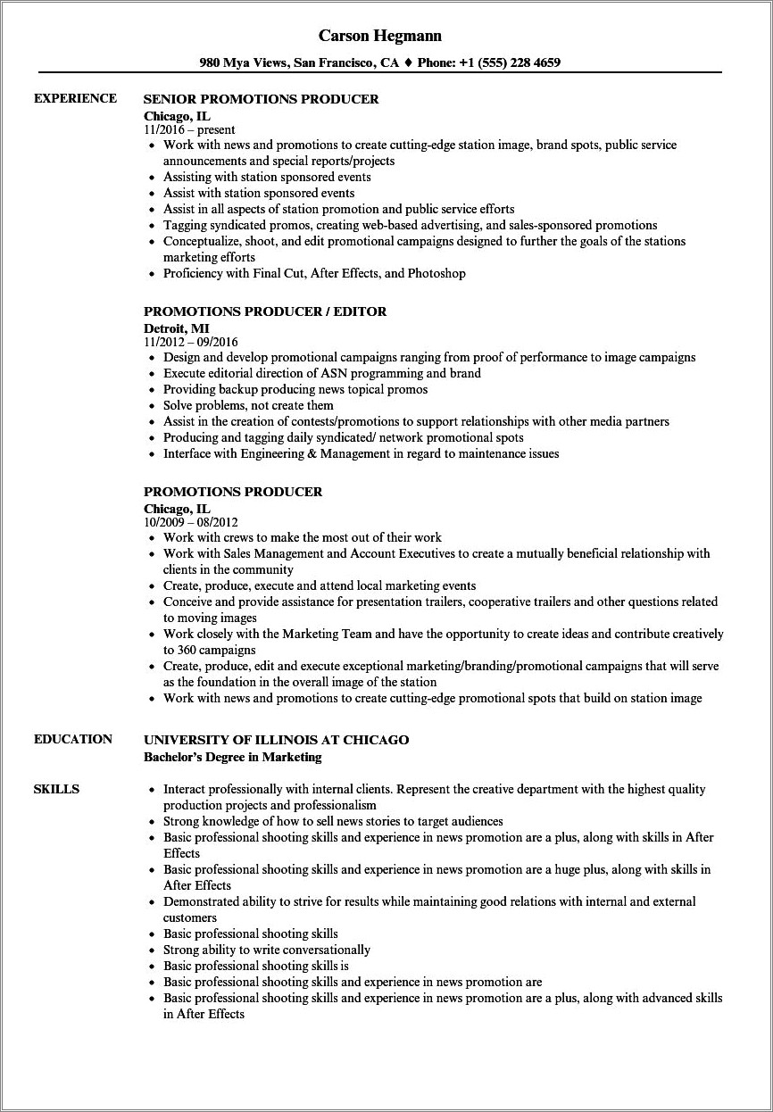 Resume To Obtain A Marketing And Promotions Job