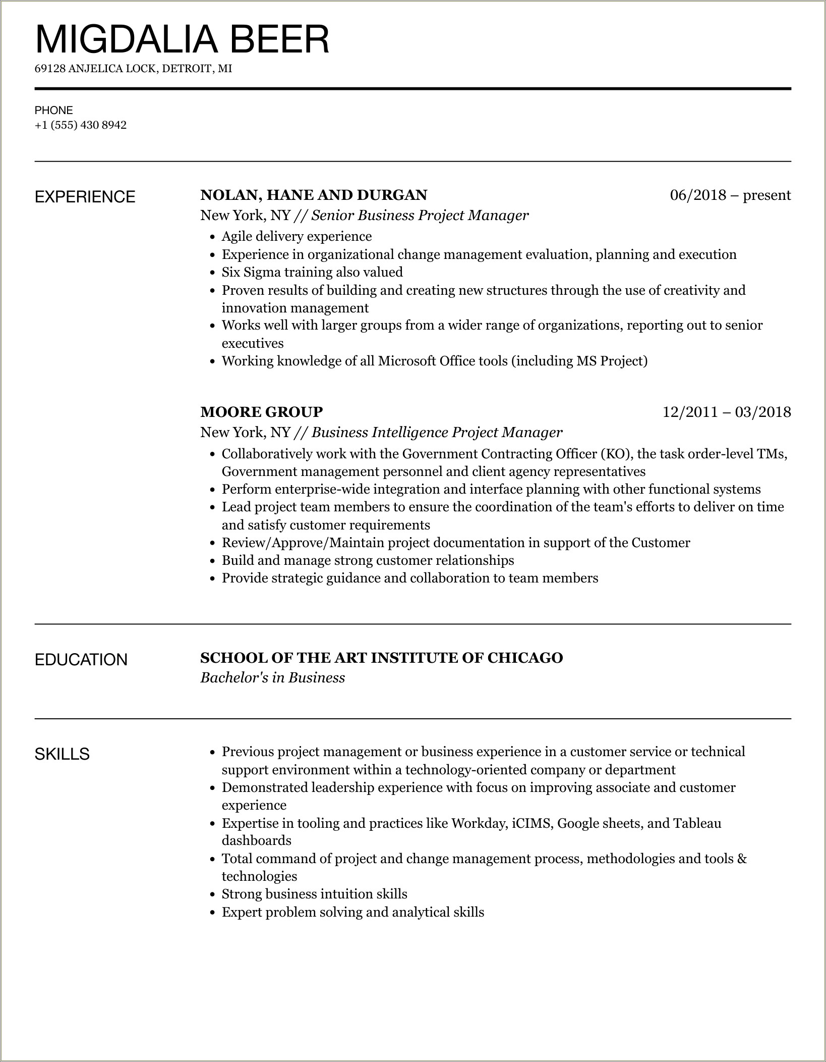 Resume To Show Experience In All Business Areas