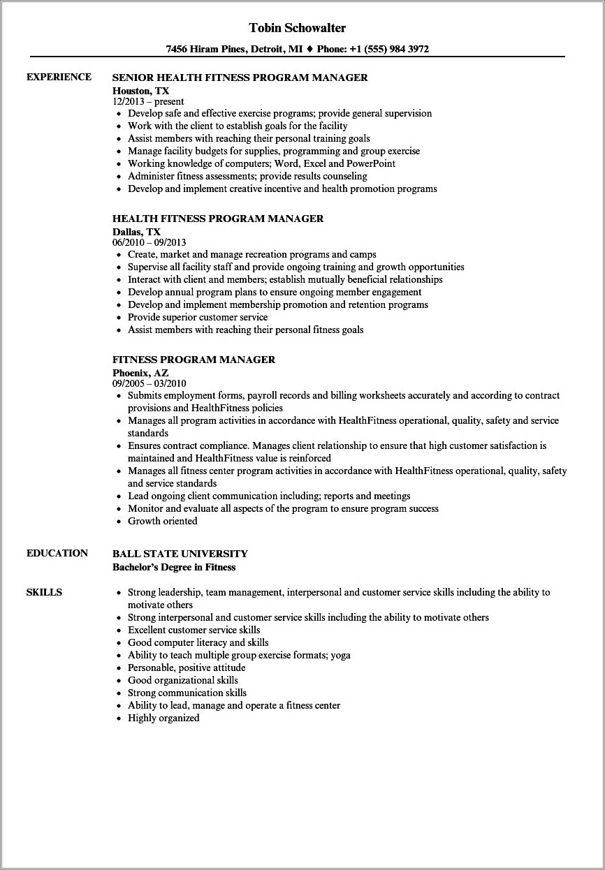 Resume To Work At A Gym