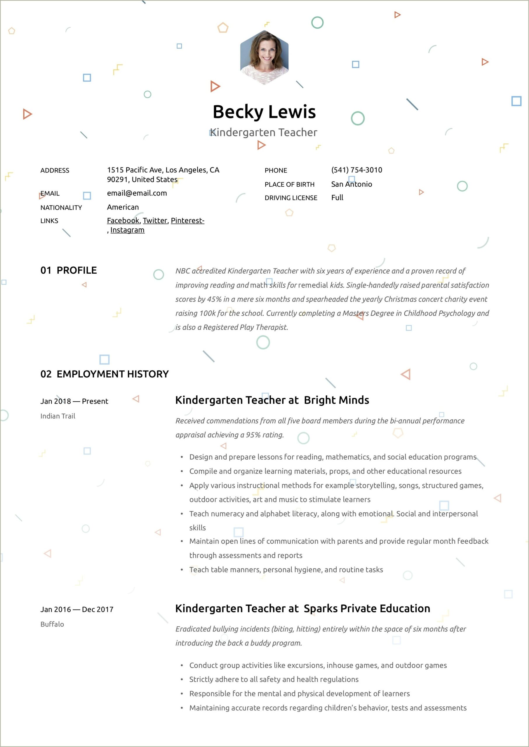 Resume To Work At A Preschool