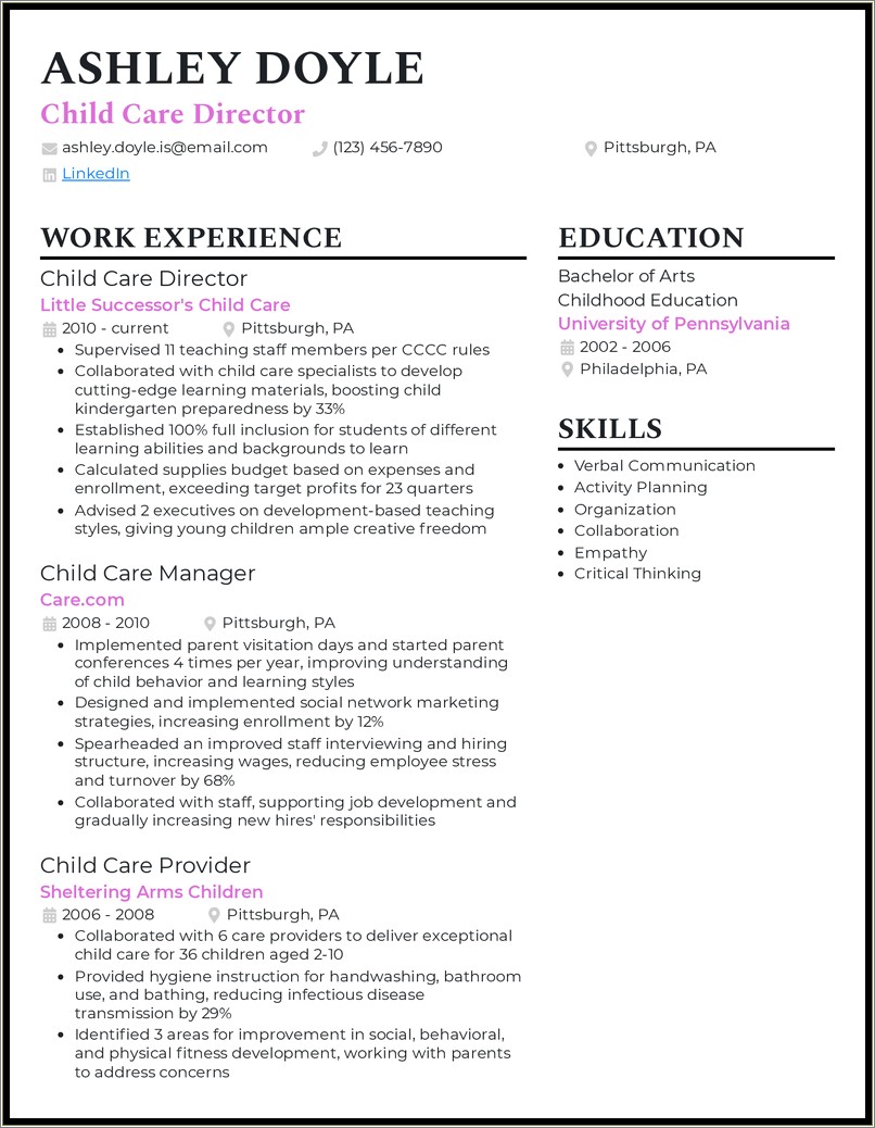 Resume To Work In A Daycare