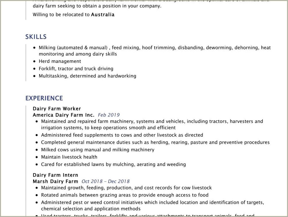 Resume To Work In A Farm