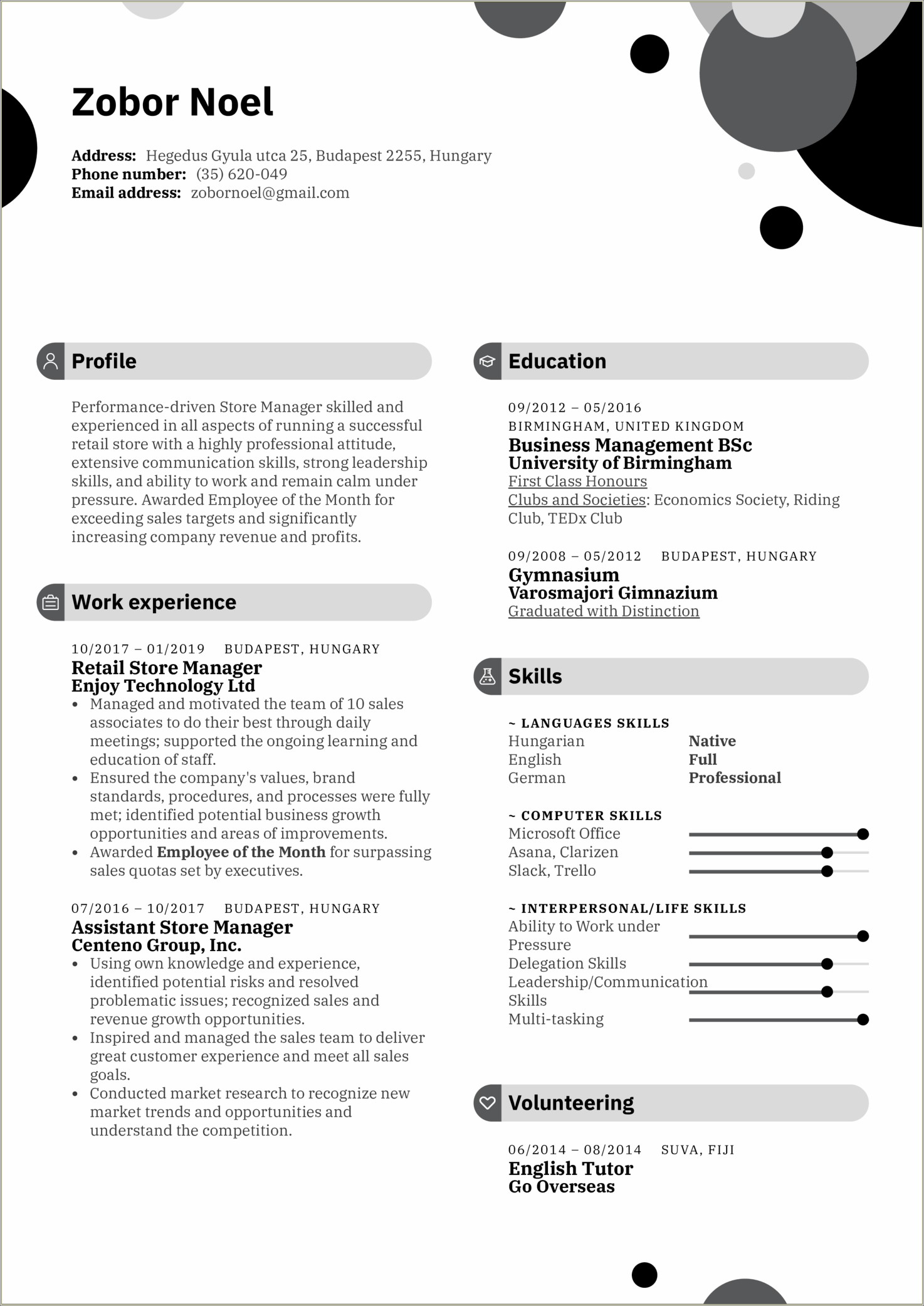 Resume To Work In A Retail Store