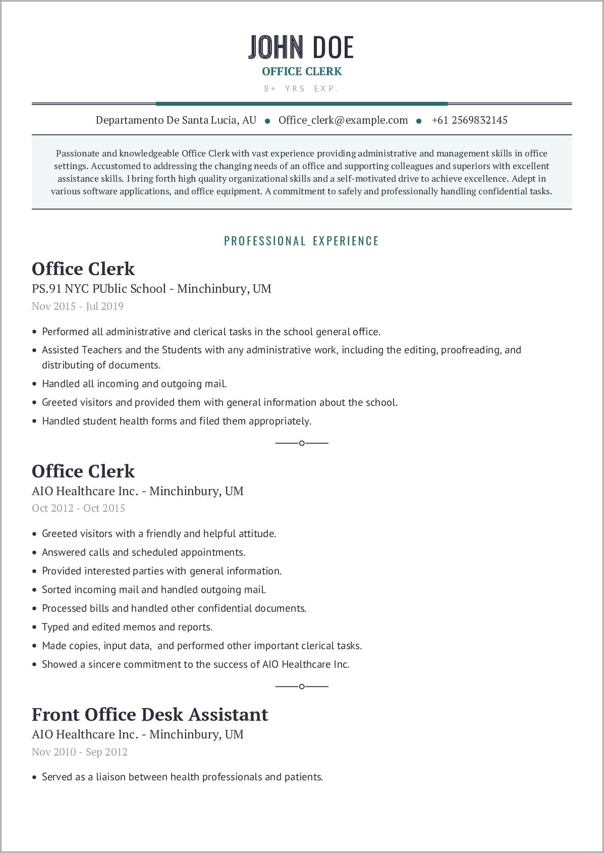 Resume To Work Within The School Office