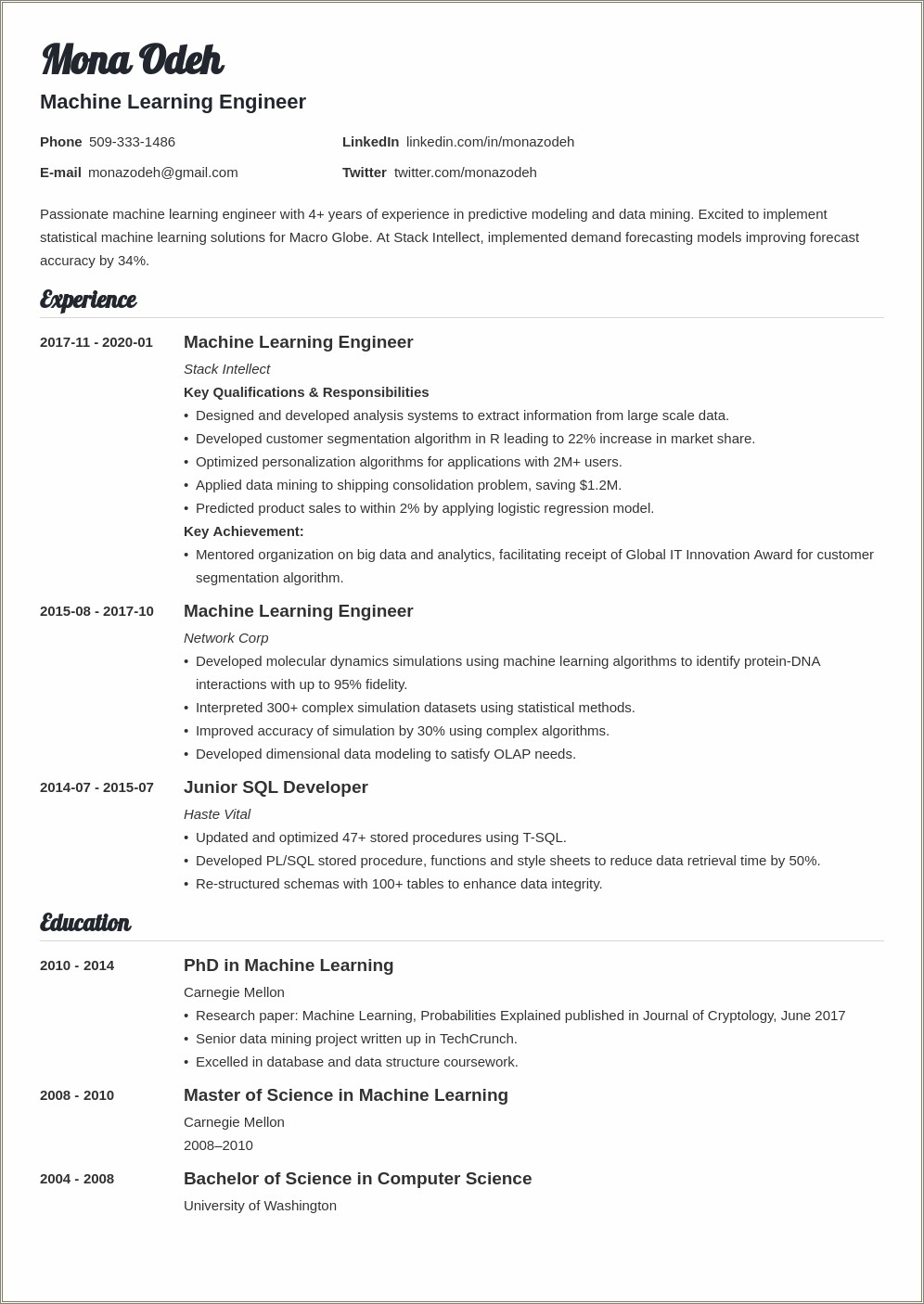 Resume With Artificial Intelligence Skills Required