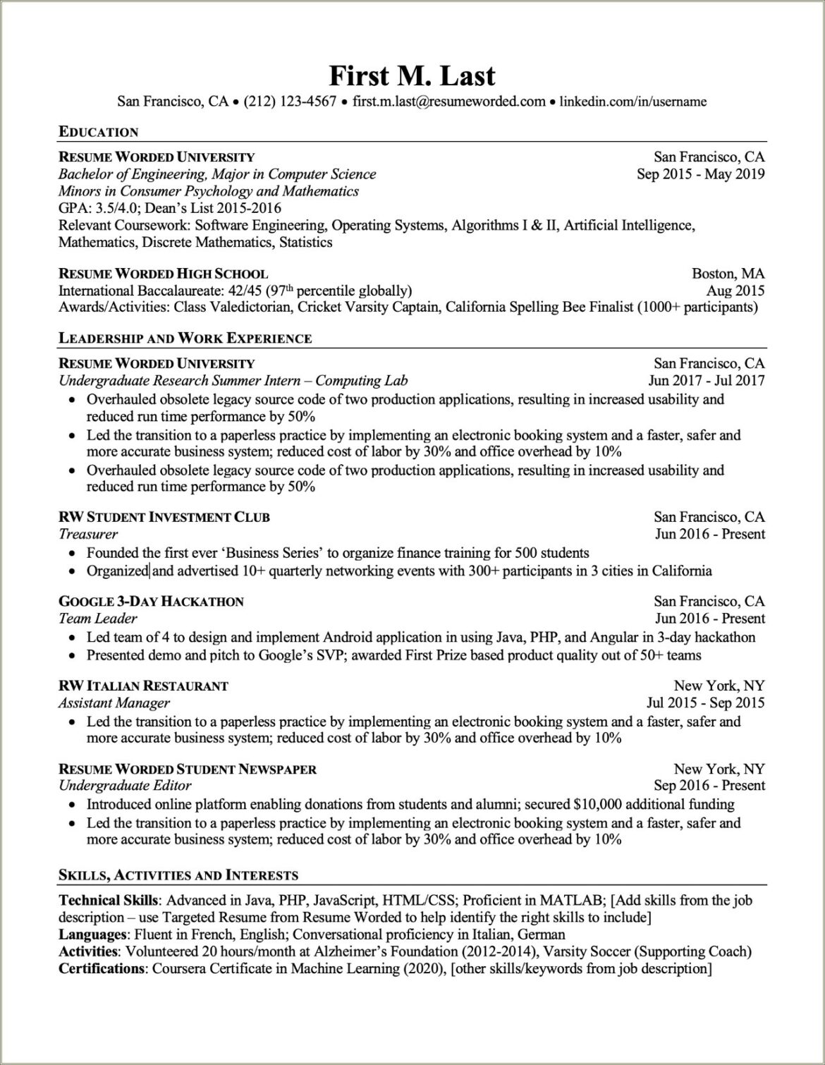 Resume With Coursework And Relevant Experience