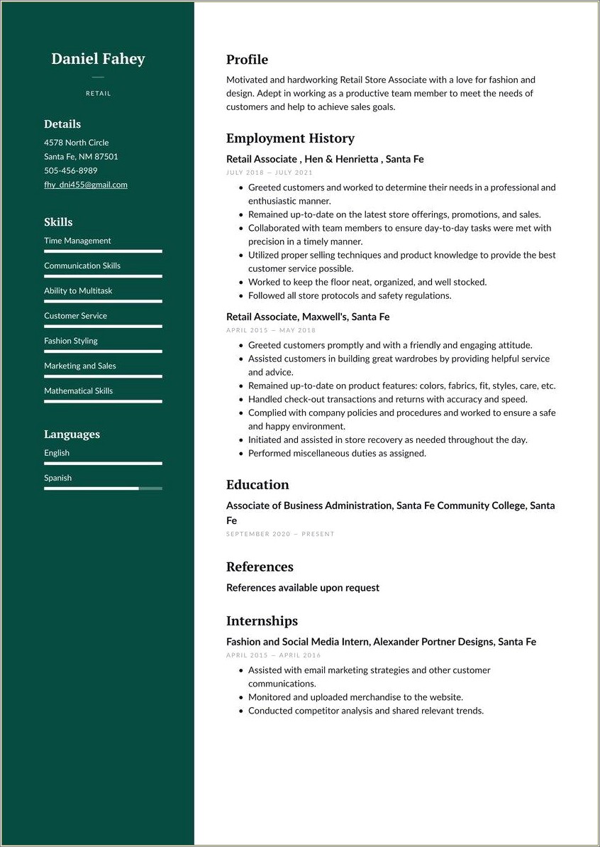 Resume With Customer Service Retail Skills