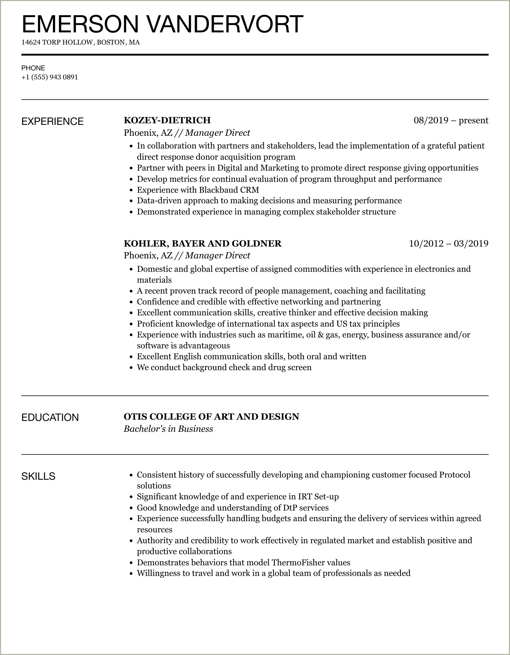 Resume With Direct People Experience Managing