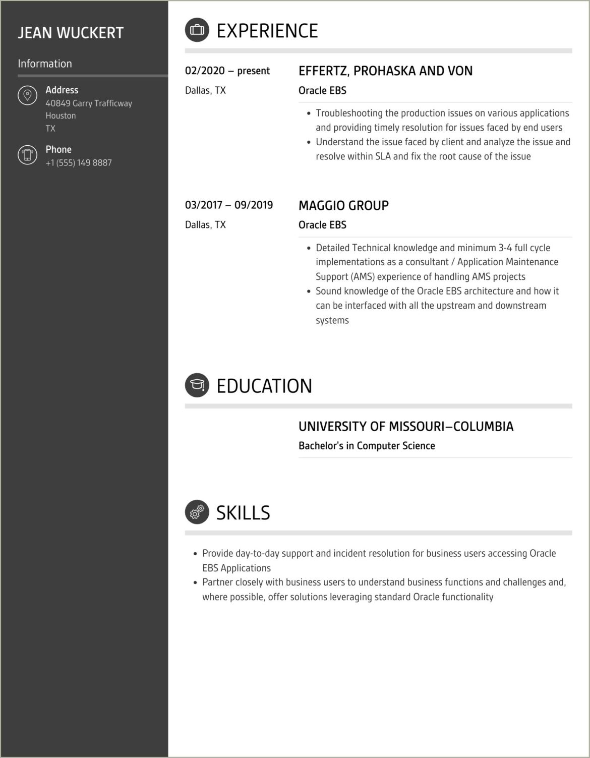 Resume With Ebs Finance Experience Testing