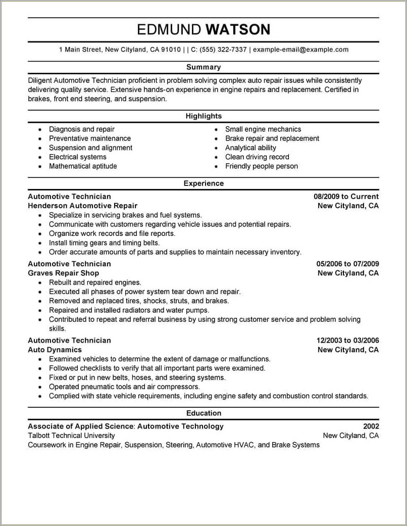 Resume With Experience As An Vehicle Parts Installer