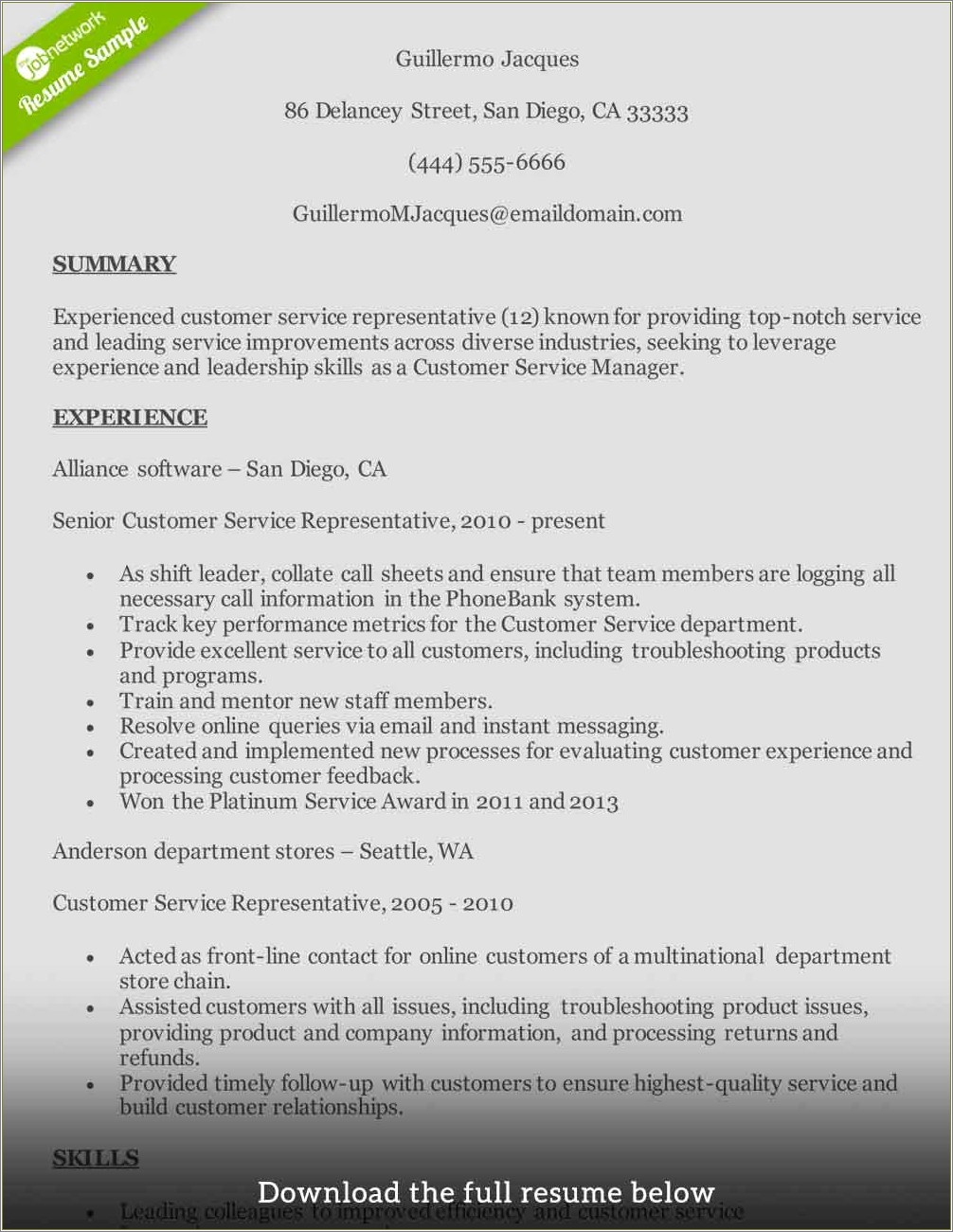 Resume With Good Customer Service Experience