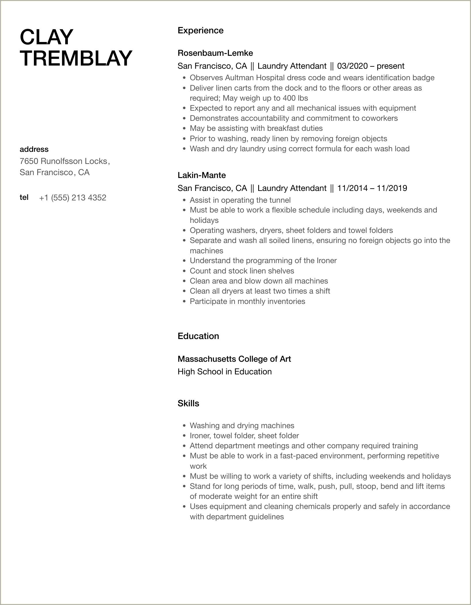 Resume With Housekeeping And Laundry Experience
