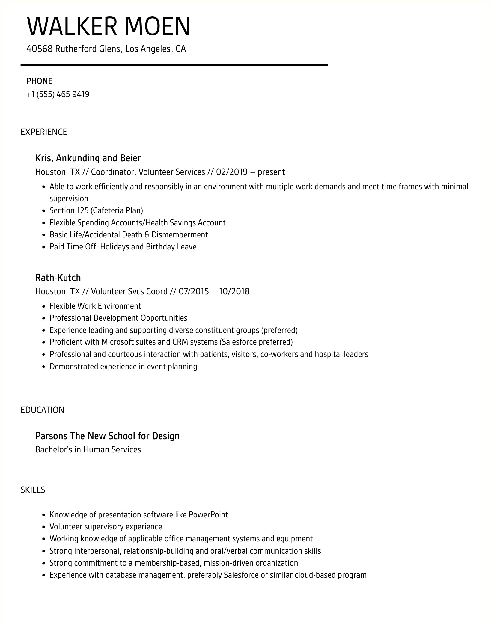 Resume With Work Education And Volunteer Experience