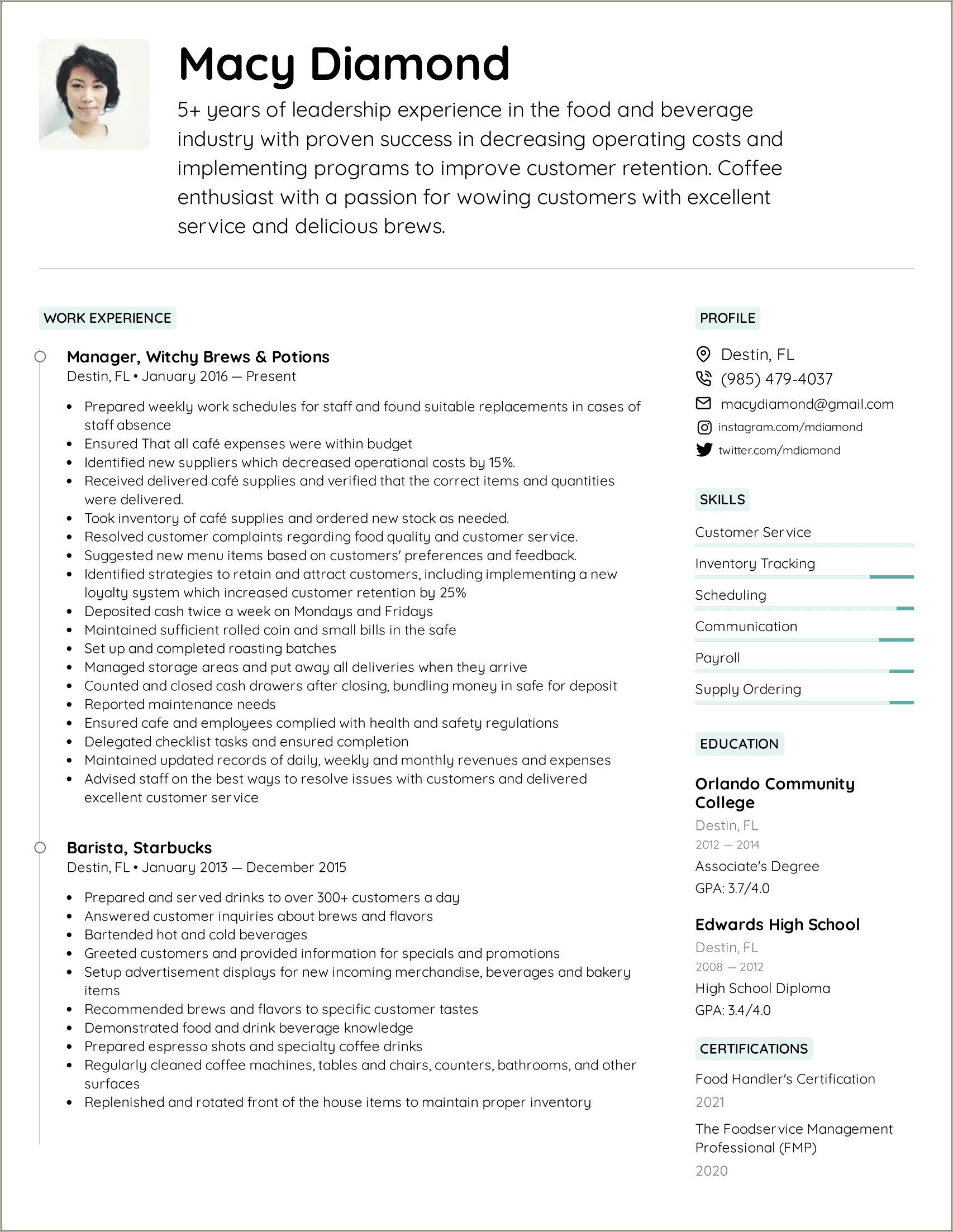 Resume Word For Food And Drink