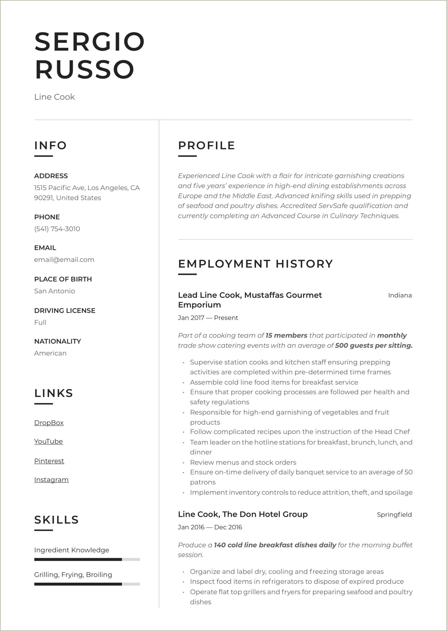 Resume Wording For Line Cook And Manager