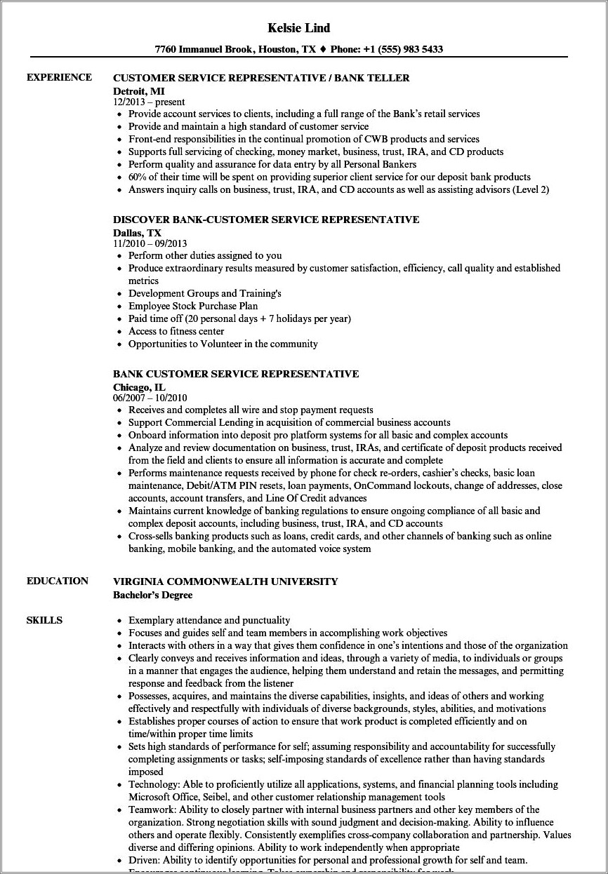 Resume Wording For Serving Job About Bank