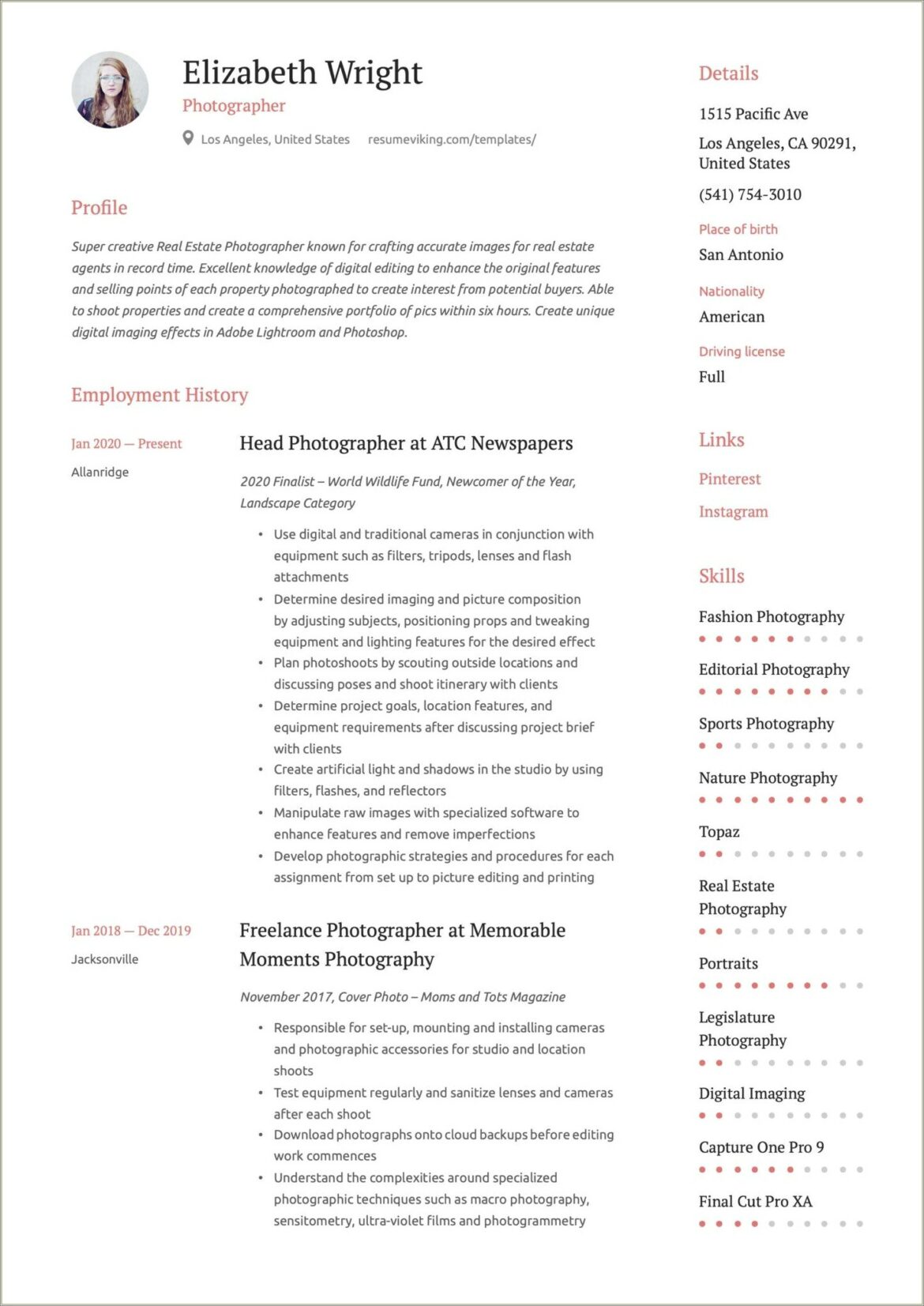 Resume Wording For Someone Who Organized Photoshoots