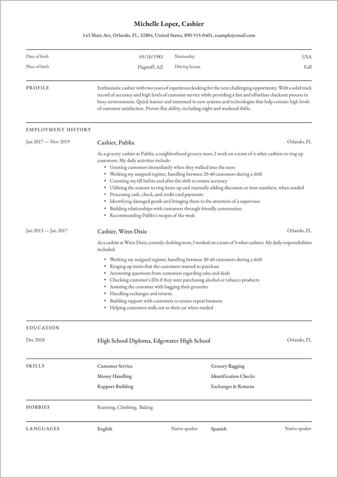 Resume Wording For Working With Cash Register