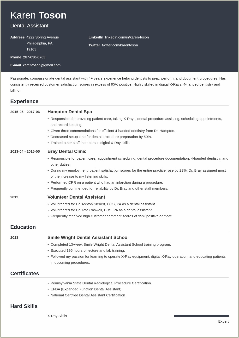 Resume Work Experience Dental Assistant Professional