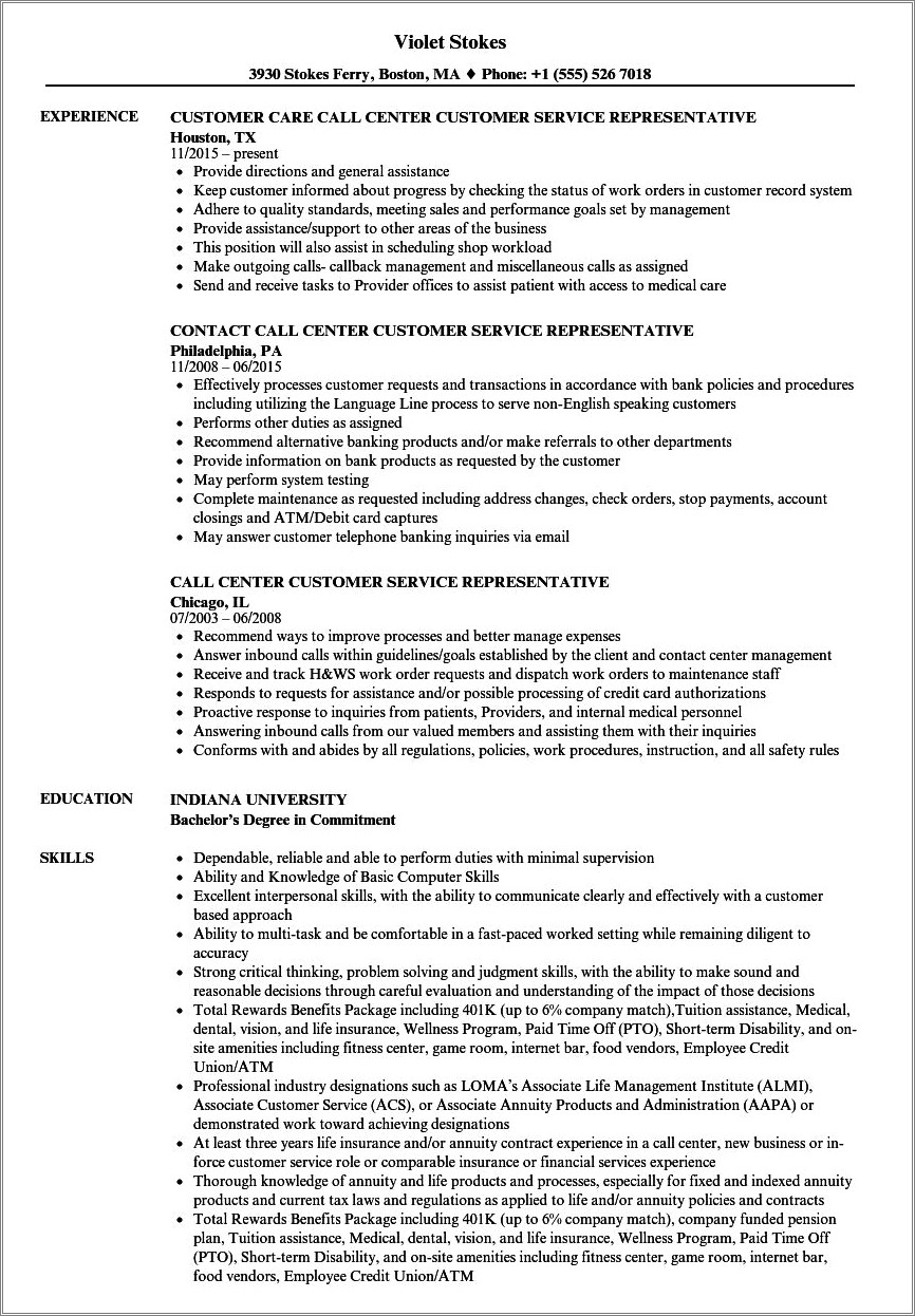 Resume Work Experience For Call Center Representative