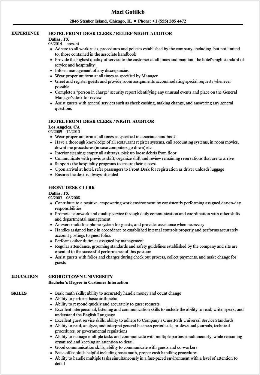 Resume Work Experience For Front Desk At Hotel