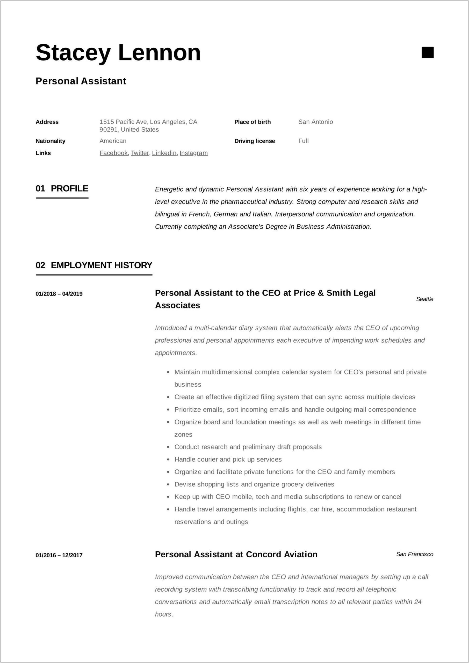 Resume Work Experience For Personal Assistant