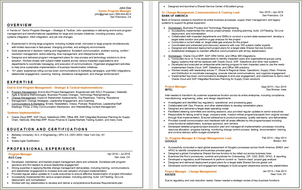 Resume Writers For Project Manager Resumes