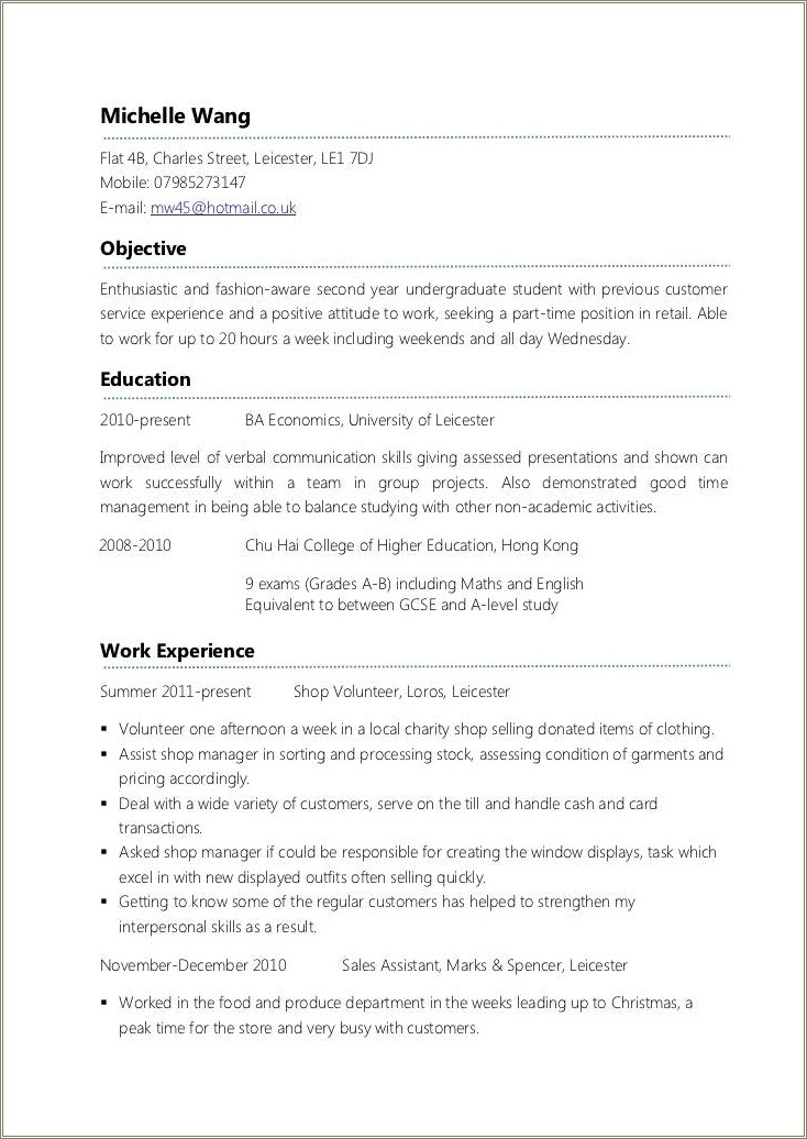 Resumes Example For Part Time Job