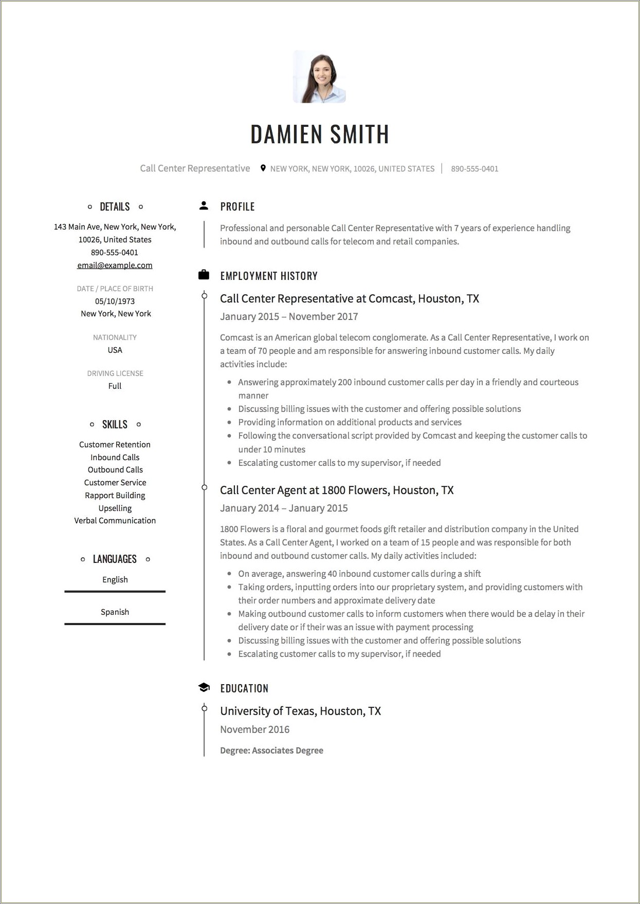 Resumes Examples For Call Center Customer Service