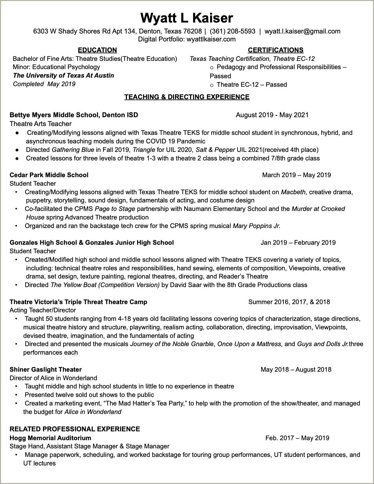 Resumes For High School Seniors Tecnhical Theater